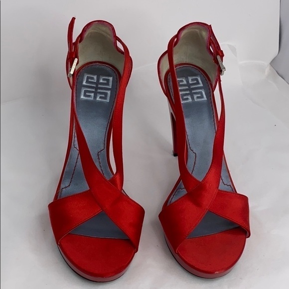 Givenchy Sz 39 Red Satin High Heel Wedge Sandals - Picture 2 of 13